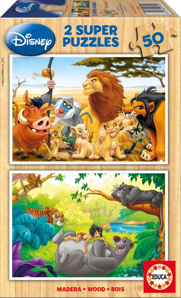 Dřevěné puzzle Lví král a Kniha džunglí Educa 2x50 dílků 13144