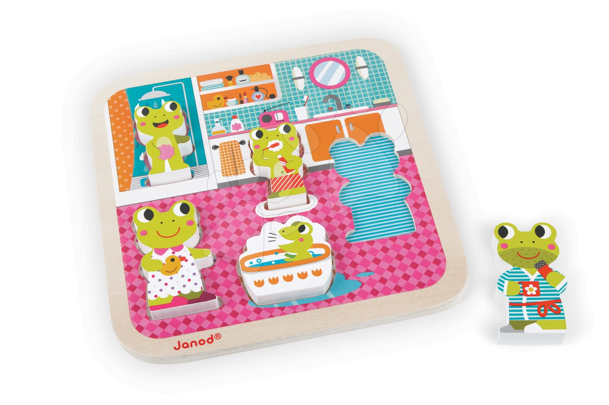 Janod dřevěné puzzle Žabky v koupelně 5 dílů 07083 - Obrázek 2