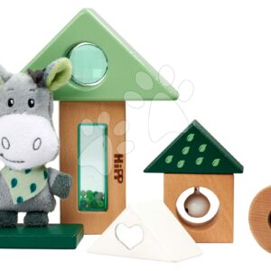 Dřevěné didaktické kostky se zvukem Baby HIPP Sound Blocks Eichhorn s plyšovým oslíkem 8 dílů od 12 měsíců