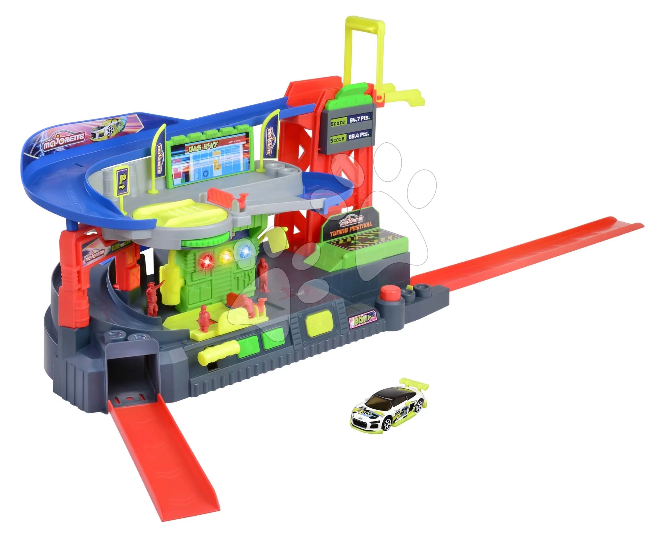 Garáž závodní zastávka s autíčkem Tune Up's Race Pitstop Majorette 3patrová se zvukem a světlem