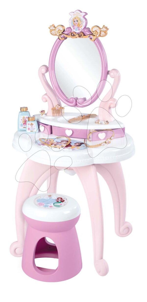 Kosmetický stolek Disney Princess 2in1 Hairdresser Smoby a židle s 10 zkrášlovacími doplňky 94 cm výška