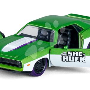 Autíčko Playmouth Barracuda 1973 Marvel Jada kovové s otevíratelnými dveřmi a figurka She-Hulk 13