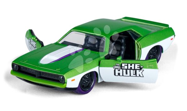 Autíčko Playmouth Barracuda 1973 Marvel Jada kovové s otevíratelnými dveřmi a figurka She-Hulk 13