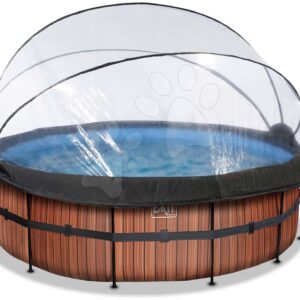 Bazén s krytem a pískovou filtrací Wood pool Exit Toys kruhový ocelová konstrukce 427*122 cm hnědý od 6 let