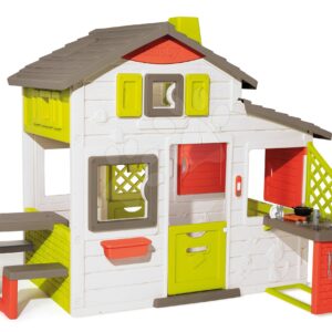 Domeček Přátel s kuchyňkou prostorný Neo Friends House Smoby rozšiřitelný 2 dveře 6 oken a piknik stolek 172 cm výška s UV filtrem