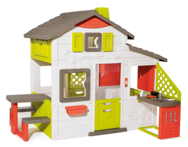 Domeček Přátel s kuchyňkou prostorný Neo Friends House Smoby rozšiřitelný 2 dveře 6 oken a piknik stolek 172 cm výška s UV filtrem