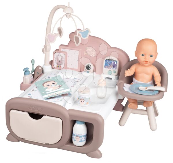 Domeček pro panenku Cocoon Nursery Natur D'Amour Baby Nurse Smoby denní a noční zóna s elektronickými funkcemi 20 doplňků