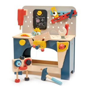 Dřevěná dílna s robotem Table top Tool Bench Tender Leaf Toys s nářadím a stavebnicí