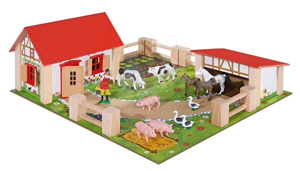 Dřevěná farma se zvířátky Farmyard Small Eichhorn se dvěma budovami a dvorem 21 dílů