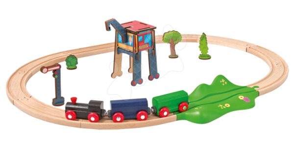Dřevěná vláčkodráha Train Oval Eichhorn s lokomotivou vagony jeřábem a doplňky 18 dílů 205 cm délka kolejnic
