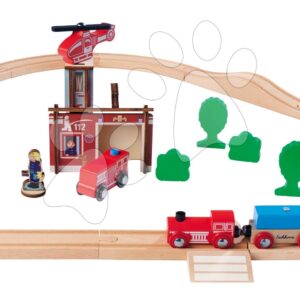 Dřevěná vláčkodráha s hasičskou stanicí Train Set Firestation Eichhorn s vlakem 33 dílů 235 cm délka kolejí