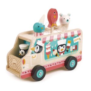 Dřevěné auto se zmrzlinou Penguin's Gelato Van Tender Leaf Toys s tučňákem a zmrzlinou od 18 měsíců