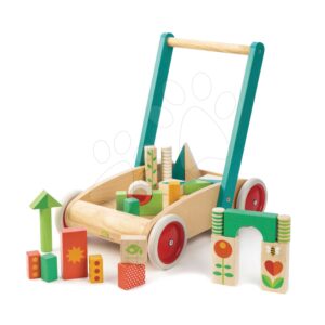 Dřevěné chodítko s kostkami Baby Block Walker Tender Leaf Toys vozík s malovanými obrázky 29 kostek od 18 měsíců