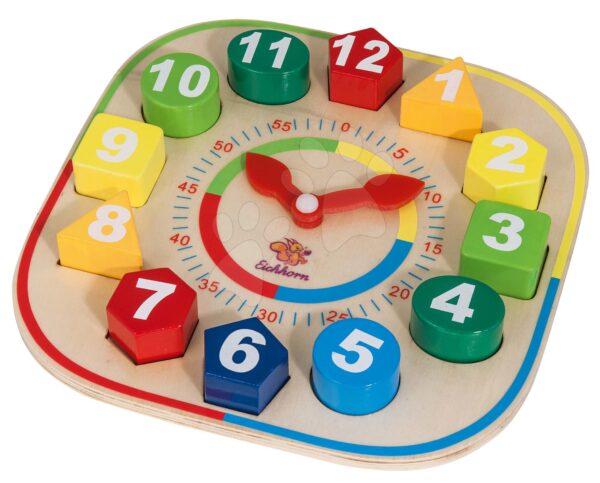 Dřevěné didaktické hodiny Teaching Clock with stacking parts Eichhorn 12 kostek od 12 měsíců