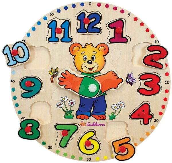 Dřevěné didaktické puzzle hodiny Teaching Clock Eichhorn 12 vkládacích čísel od 24 měsíců