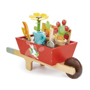 Dřevěné kolečko se zahradním nářadím Garden Wheelbarrow Tender Leaf Toys 13dílná souprava květináče s konví a rostlinami