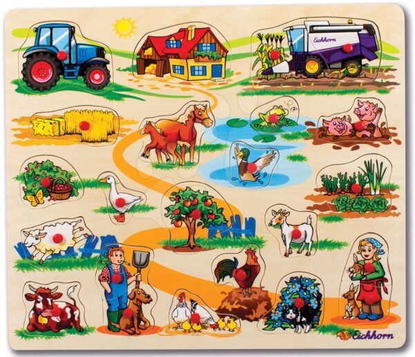 Dřevěné puzzle Pin Puzzle Eichhorn 21 vkládacích tvarů s obrázky safari farma dopravní prostředky od 24 měsíců