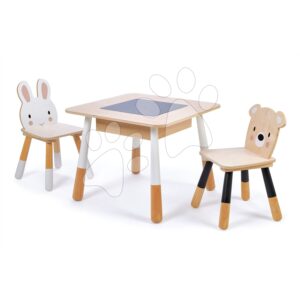 Dřevěný dětský nábytek Forest table and Chairs Tender Leaf Toys stůl s úložným prostorem a dvě židle medvěd a zajíc