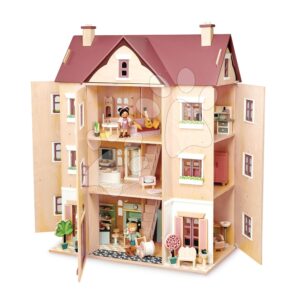 Dřevěný domeček pro panenku Fantail Hall Tender Leaf Toys 3patrový s terasami s rostlinami a lavičkou