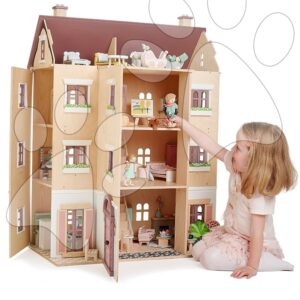 Dřevěný domeček pro panenku Fantail Hall Tender Leaf Toys 3patrový s terasami s rostlinami a lavičkou
