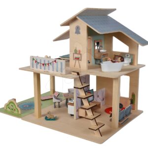 Dřevěný domeček pro panenky Doll´s House with Furnitures Eichhorn patrový se 4 pokoji 3 figurkami a nábytkem výška 44 cm