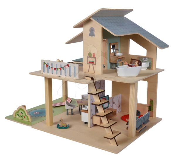Dřevěný domeček pro panenky Doll´s House with Furnitures Eichhorn patrový se 4 pokoji 3 figurkami a nábytkem výška 44 cm