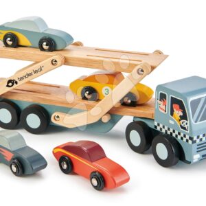 Dřevěný kamión Car Transporter Tender Leaf Toys s pohyblivou plošinou a 4 autíčky