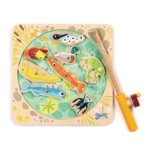 Dřevěný magnetický rybář Pond Dipping Tender Leaf Toys s udicí a 8 magnetických zvířat u rybníka