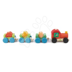 Dřevěný skládací vláček Happy Train Tender Leaf Toys 14dílná souprava s 3 vagony a geometrickými tvary od 18 měsíců