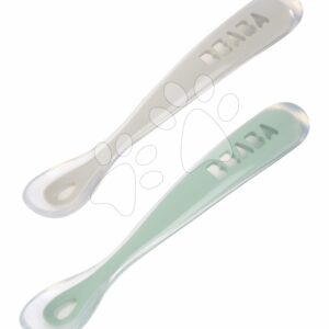 Ergonomické lžičky 1st Age Silicone Spoons Beaba Grey & Sage ze silikonu k samostatnému jídlu 2 kusy od 4 měsíců
