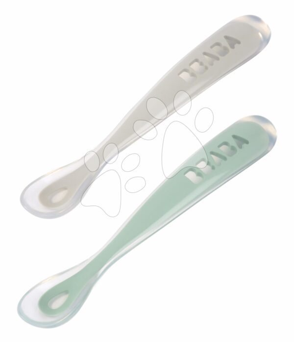 Ergonomické lžičky 1st Age Silicone Spoons Beaba Grey & Sage ze silikonu k samostatnému jídlu 2 kusy od 4 měsíců