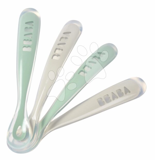 Ergonomické lžičky 1st Age Silicone Spoons Beaba Grey & Sage ze silikonu k samostatnému jídlu 4 kusy od 4 měsíců