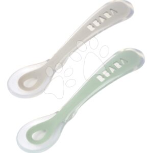 Ergonomické lžičky 2nd Age Silicone Spoons Beaba Velvet Grey & Sage Green ze silikonu k samostatnému jídlu 2 kusy od 8 měsíců