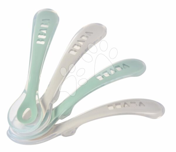 Ergonomické lžičky 2nd Age Silicone Spoons Beaba Velvet Grey & Sage Green ze silikonu k samostatnému jídlu 4 kusy od 8 měsíců