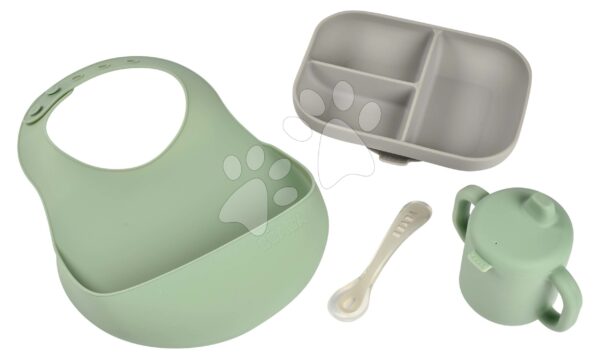 Jídelní souprava Silicone Meal Essentials Set Beaba s hrníčkem a talířem se lžičkou a bryndák zeleno-šedá od 8 měsíců