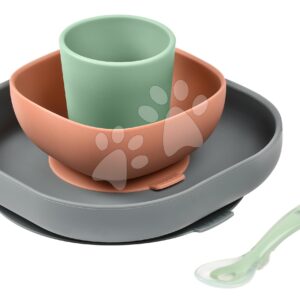 Jídelní souprava Silicone Meal Set Beaba Mineral ze silikonu 4dílná šedo-oranžovo-zelená od 4 měsíců