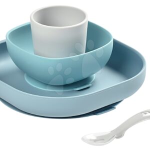 Jídelní souprava Silicone Meal Set Beaba ze silikonu 4dílná modrá pro miminka od 4 měsíců