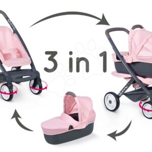 Kočárek trojkombinace Powder Pink 3in1 Maxi Cosi&Quinny Smoby hluboký a sportovní a přenosná postýlka pro 42 cm panenku