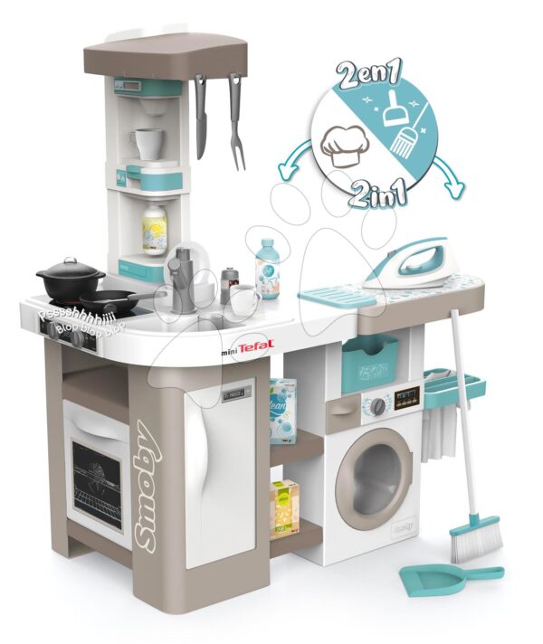 Kuchyňka elektronická s pračkou a žehlicím prknem Tefal Cleaning Kitchen 360° Smoby se zvuky a funkčními spotřebiči 36 doplňků 100 cm výška/51 cm pult