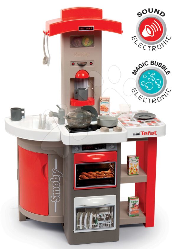 Kuchyňka skládací elektronická Tefal Opencook Bubble Smoby červená se zvukem magickým bubláním a kávovarem a 24 doplňků