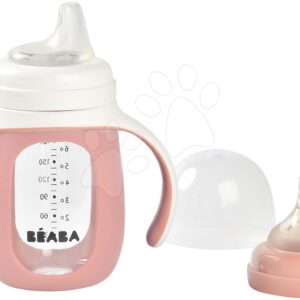 Láhev Bidon na učení pití 2v1 Learning Bottle 210ml Pink Beaba s růžovým silikonovým obalem od 4 měsíců