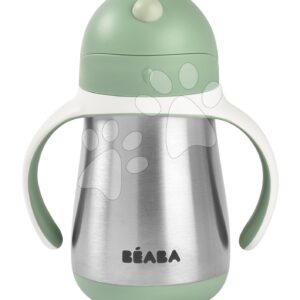 Láhev Bidon s dvojitými stěnami Stainless Steel Straw Cup Beaba Sage Green 250 ml z nerezavějící oceli zelená od 8 měsíců