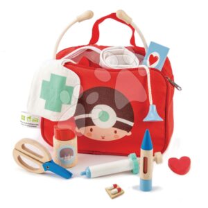 Lékařská taška červená Doctors and Nurses Tender Leaf Toys 12dílná souprava s dřevěnými nástroji