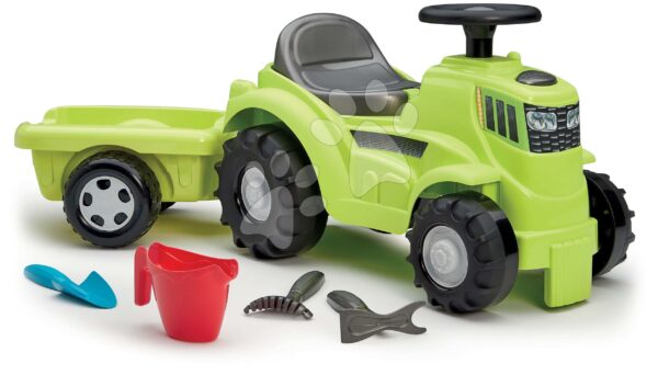 Odrážedlo traktor s přívěsem Tractor Ride On with Garnished Trailer Écoiffier s úložným prostorem a zahradním nářadím 85 cm od 12 měsíců