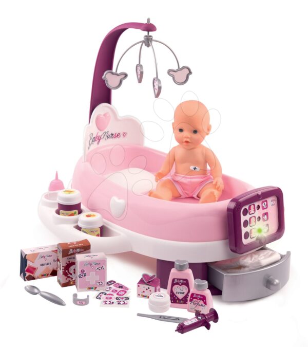 Pečovatelské centrum elektronické Violette Baby Nurse Smoby s 30 cm čurající panenkou a 24 doplňky