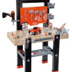 Pracovní dílna s mechanickou vrtačkou Black&Decker Bricolo Center Workbench Smoby se zatloukačkou a skládacím autíčkem 92 doplňků 103 cm výška