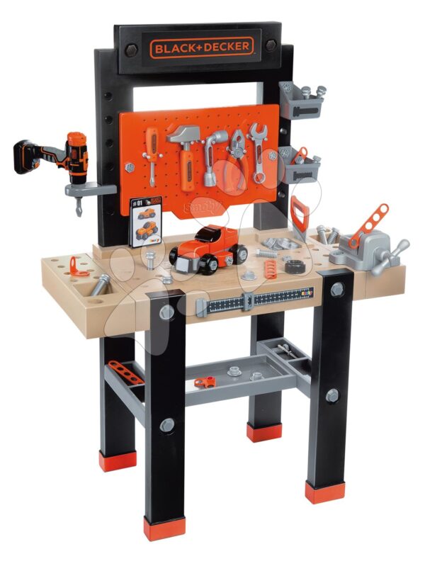 Pracovní dílna s mechanickou vrtačkou Black&Decker Bricolo Center Workbench Smoby se zatloukačkou a skládacím autíčkem 92 doplňků 103 cm výška