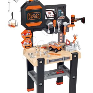 Pracovní stůl s funkčním jeřábem Black&Decker Bricolo Builder Smoby se stavebnicí auto a vrtačkou a 94 doplňků 117 cm výška