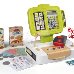 Registrační pokladna s elektronickými funkcemi Small Cash Register Smoby s funkční kalkulačkou a skener se zvukem a světlem 30 doplňků
