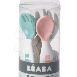 Sada 6 cvičných lžiček a 4 cvičných vidliček Beaba 2nd age modrá růžová šedá 15 cm od 8 měsíců
